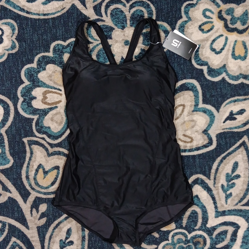 New Syrokan black one piece racer back seim suit women's sz 12